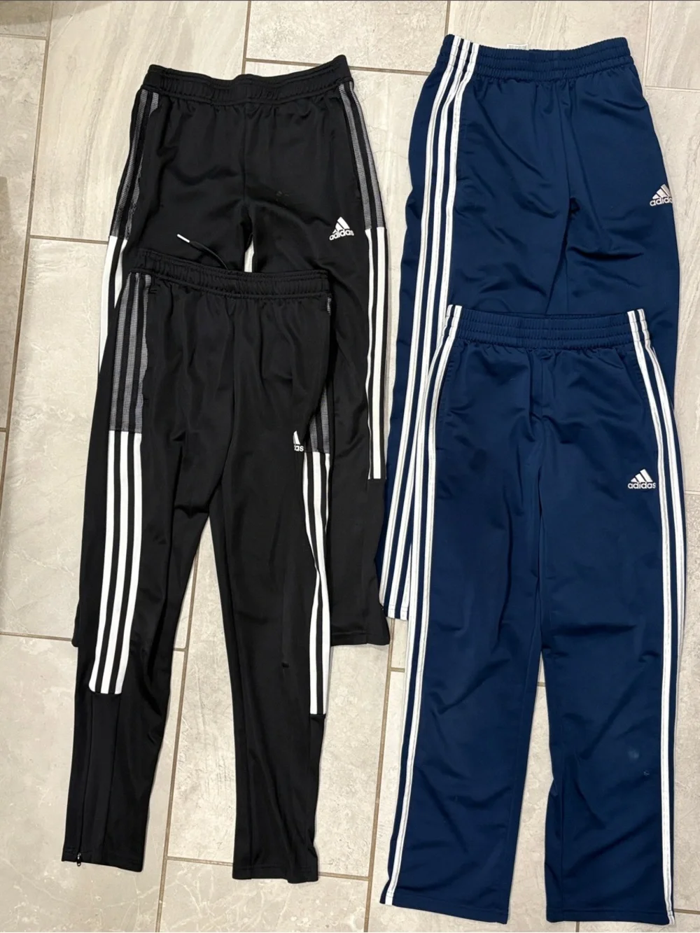 Adidas Kids 4 pair of pants in Black & Navy with White Stripes Medium 11 - 12